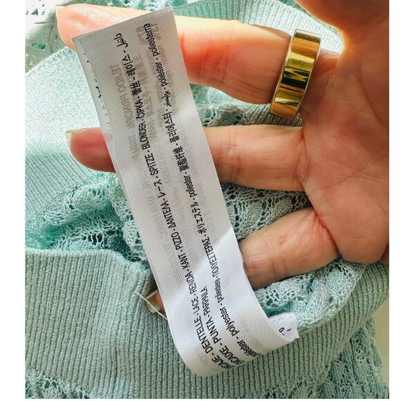 ZARA Aqua Crochet Knit White Lace Stripe Ruffle Neck Crop Sweater S - Picture 14 of 16